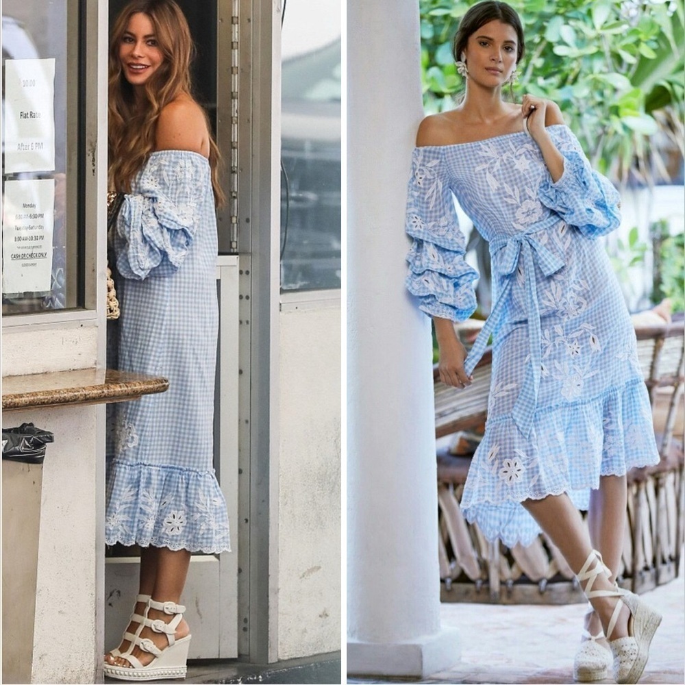 Juliet Dunn embroidered floral dress blue gingham